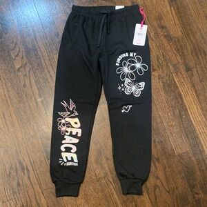 Justice Black Joggers with Peace and Butterfly Design